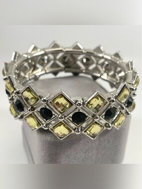 Stunning Unsigned Silver Tone Yellow Black Rhinestone Stretch Bracelet
